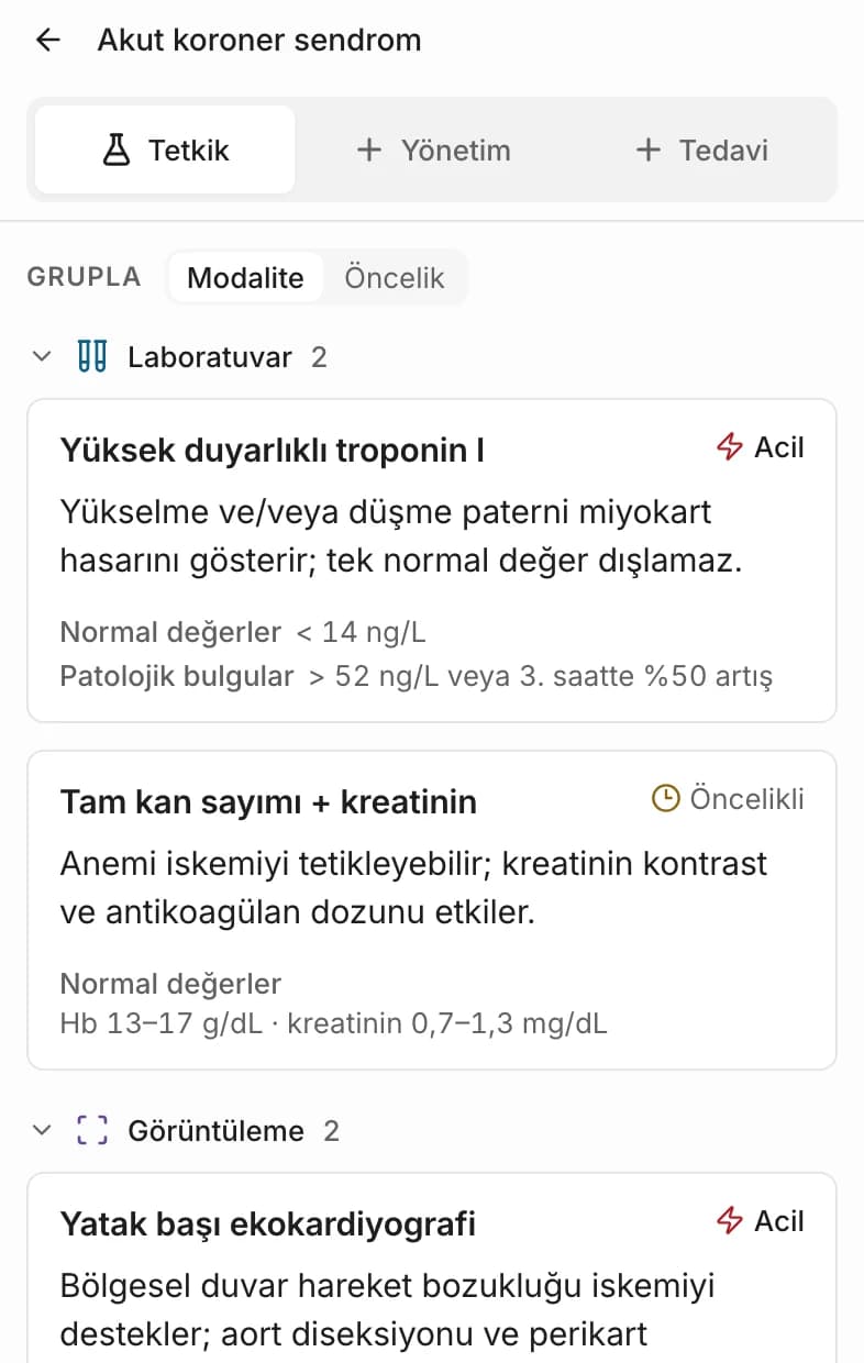 Tetkik paneli: laboratuvar ve görüntüleme testleri, öncelik ve referans aralıkları